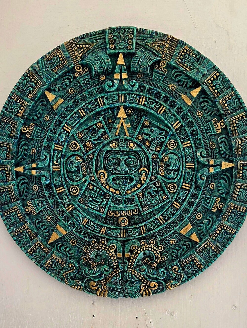 Mayan Calendar - Wall Decor - From Mexico - Turquoise & Gold- 11 Inches Across